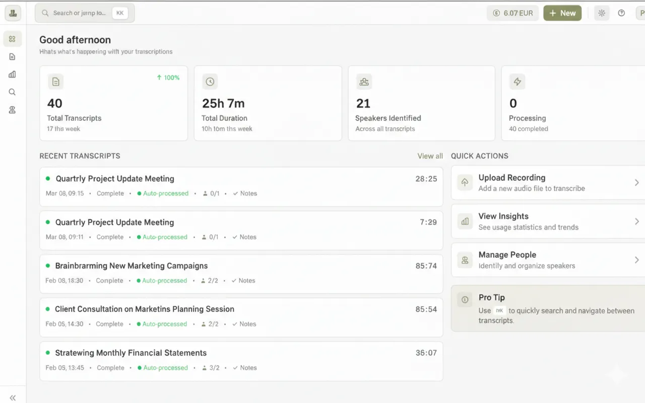 Proudfrog transcript dashboard showing speaker identification and meeting notes
