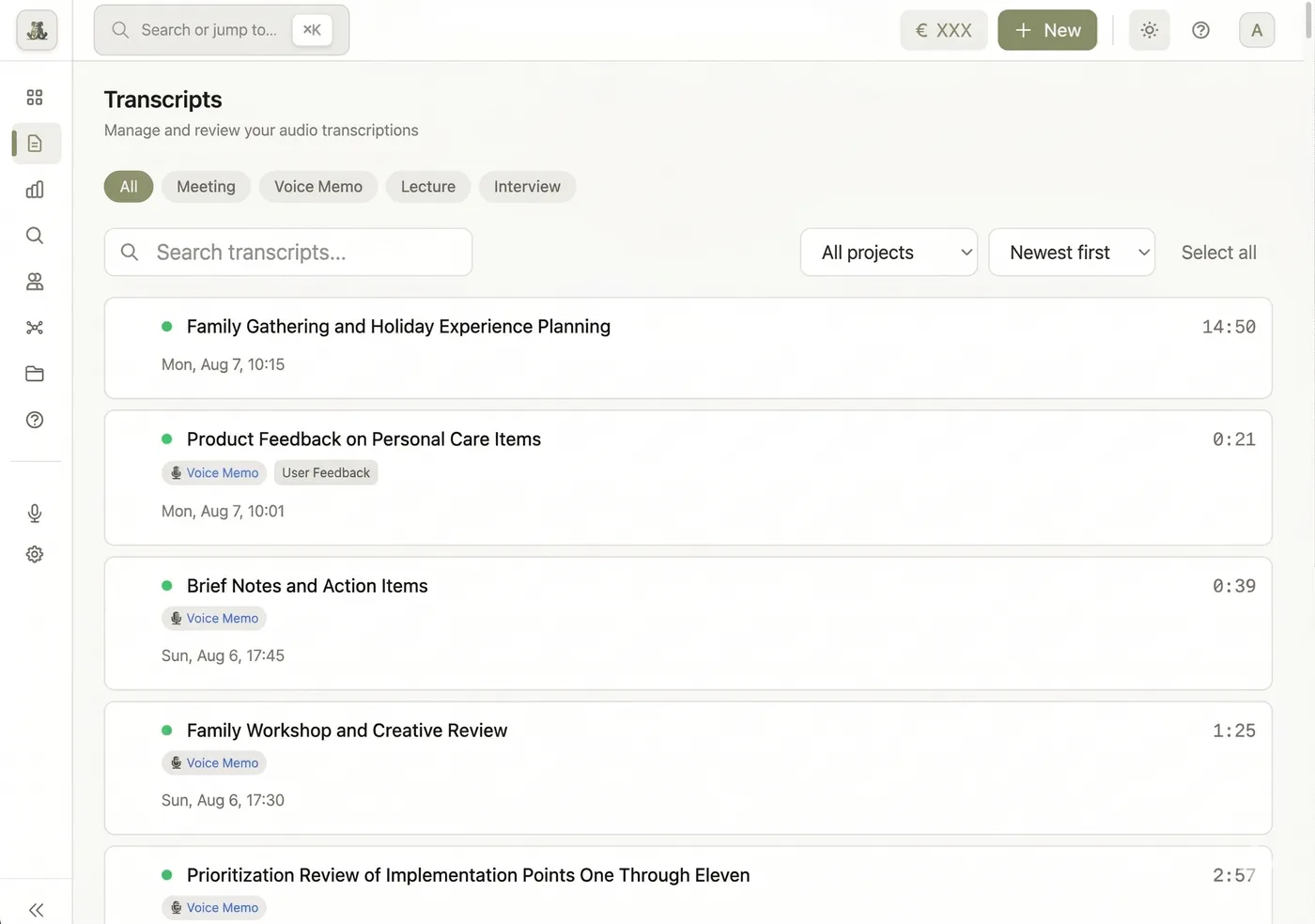 Proudfrog transcript dashboard showing speaker identification and meeting notes