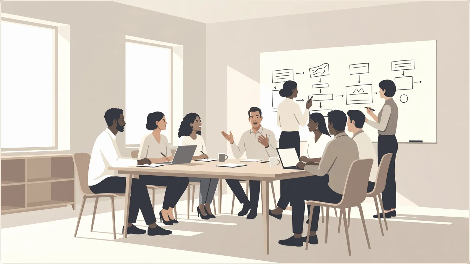 Professionals collaborating in a meeting, discussing and organizing notes in a modern office