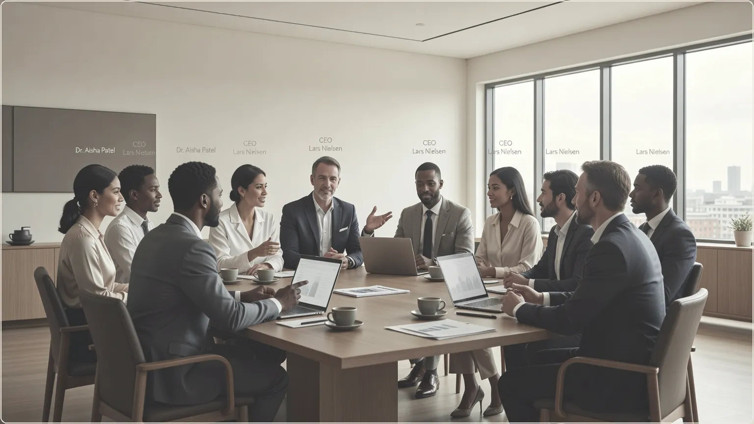 Professionals in a Nordic meeting room with clear speaker identification during discussion