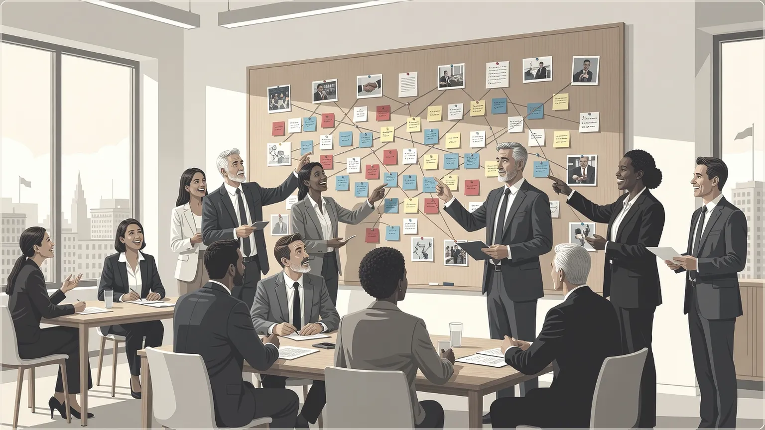 Team of professionals mapping connected insights on office wall during successful collaboration