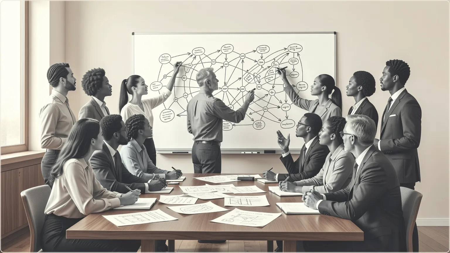 Professionals collaborating energetically in a meeting room, mapping ideas on a whiteboard