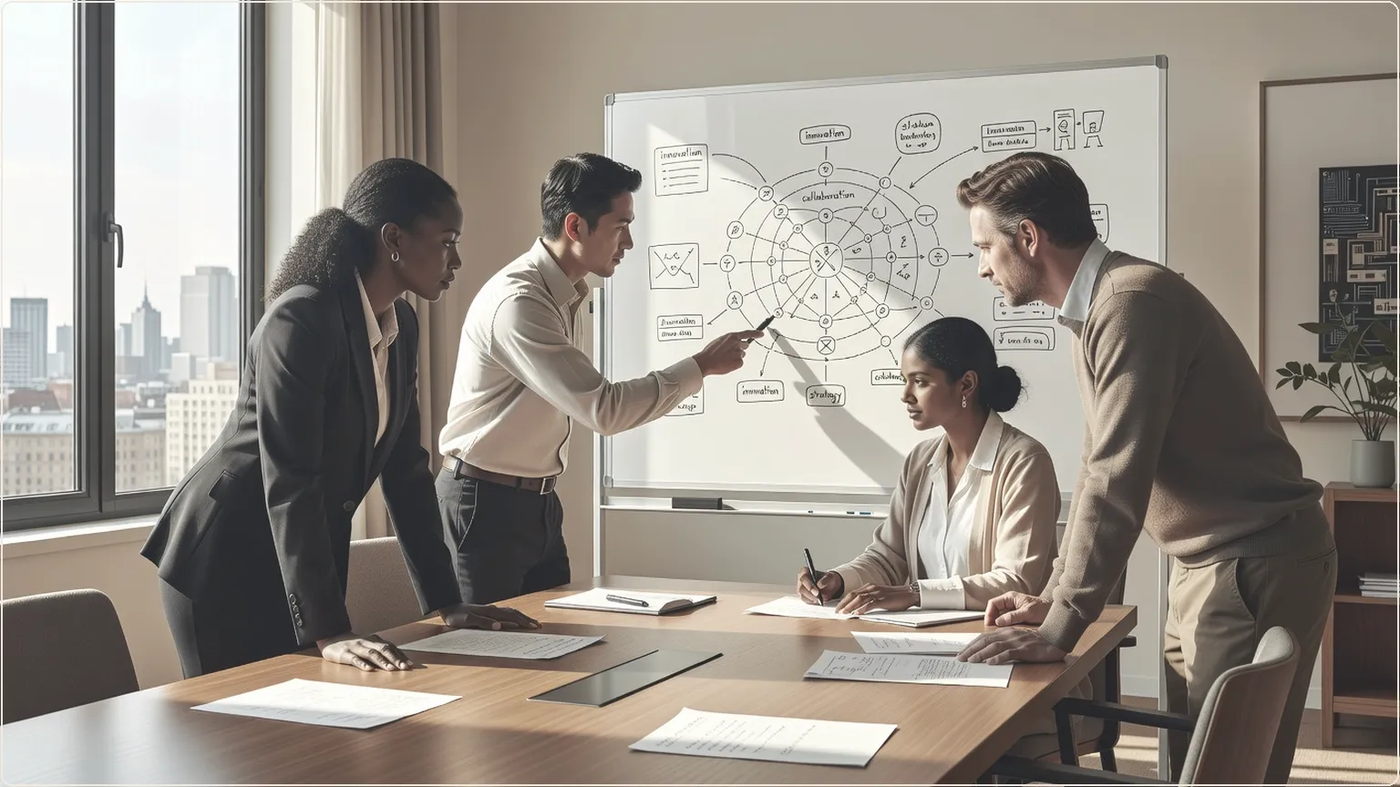 Team som samarbetar kring kunskapskartor under ett kontorsmöte