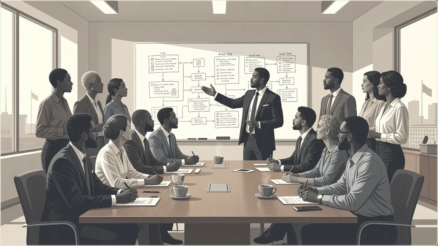 Diverse team collaboratively planning actions in an office meeting