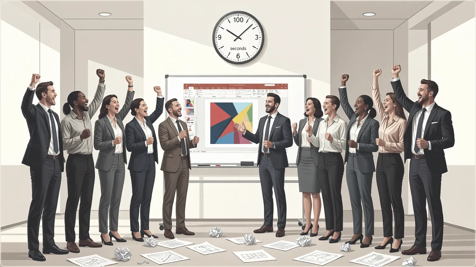 Team celebrating rapid PowerPoint creation in office meeting