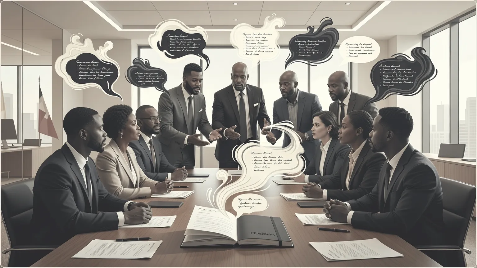 Team meeting with conversation notes flowing into Obsidian notebook