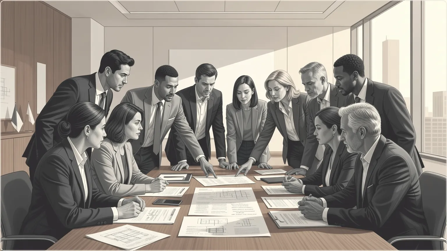 Team collaborating productively in a professional meeting with organized notes