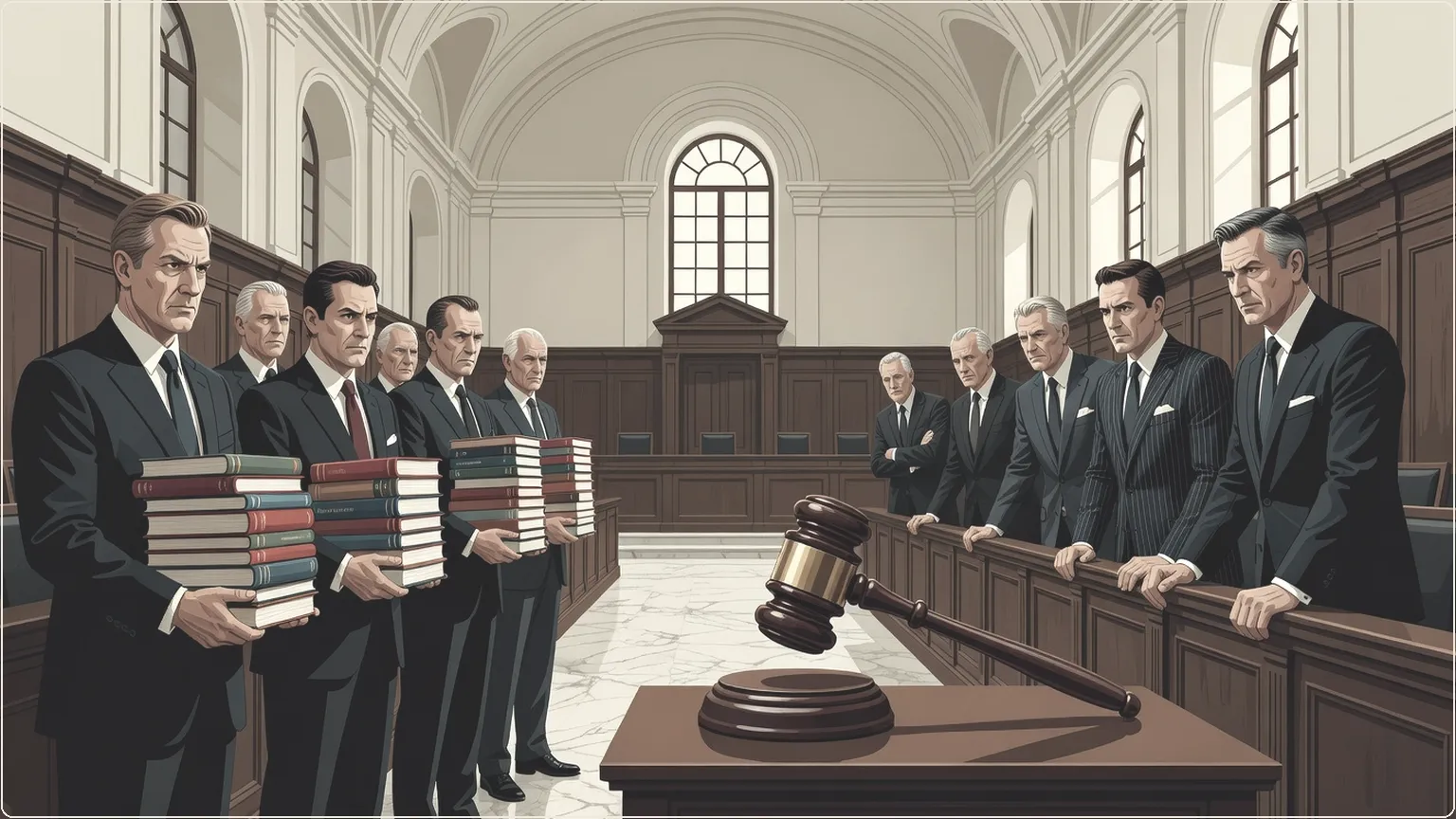 Dramatic courtroom illustration of publishers confronting lawyers over AI lawsuit in Germany
