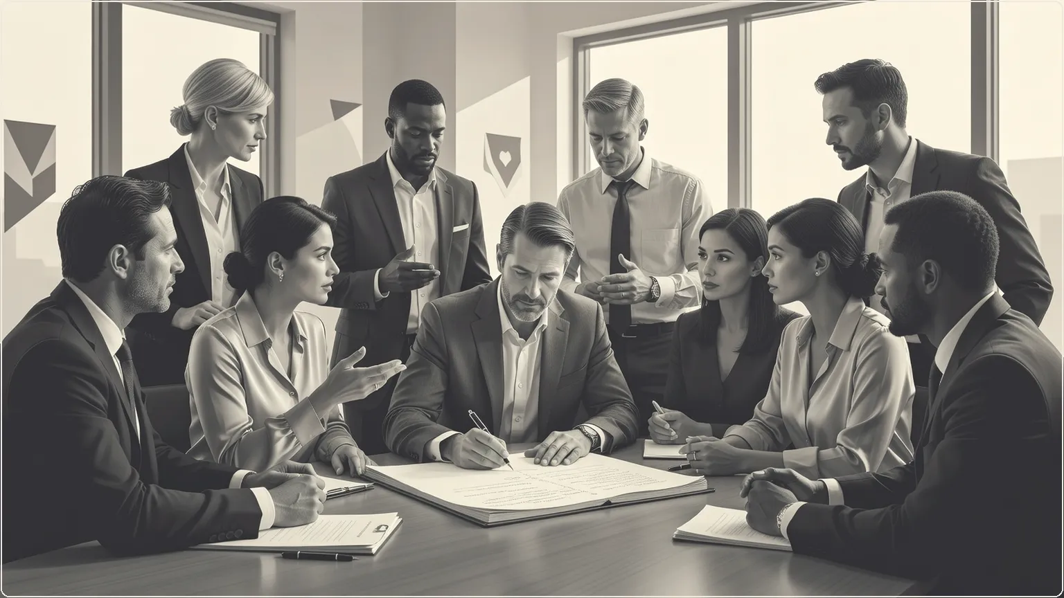 Team collaboratively handwriting bot-free meeting notes in a lively office discussion