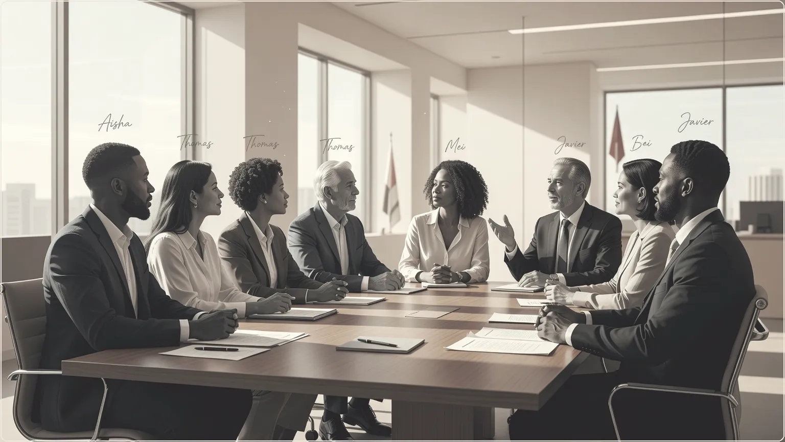 Professionella i ett möte med realtidsnamnetiketter som visas ovanför huvudena