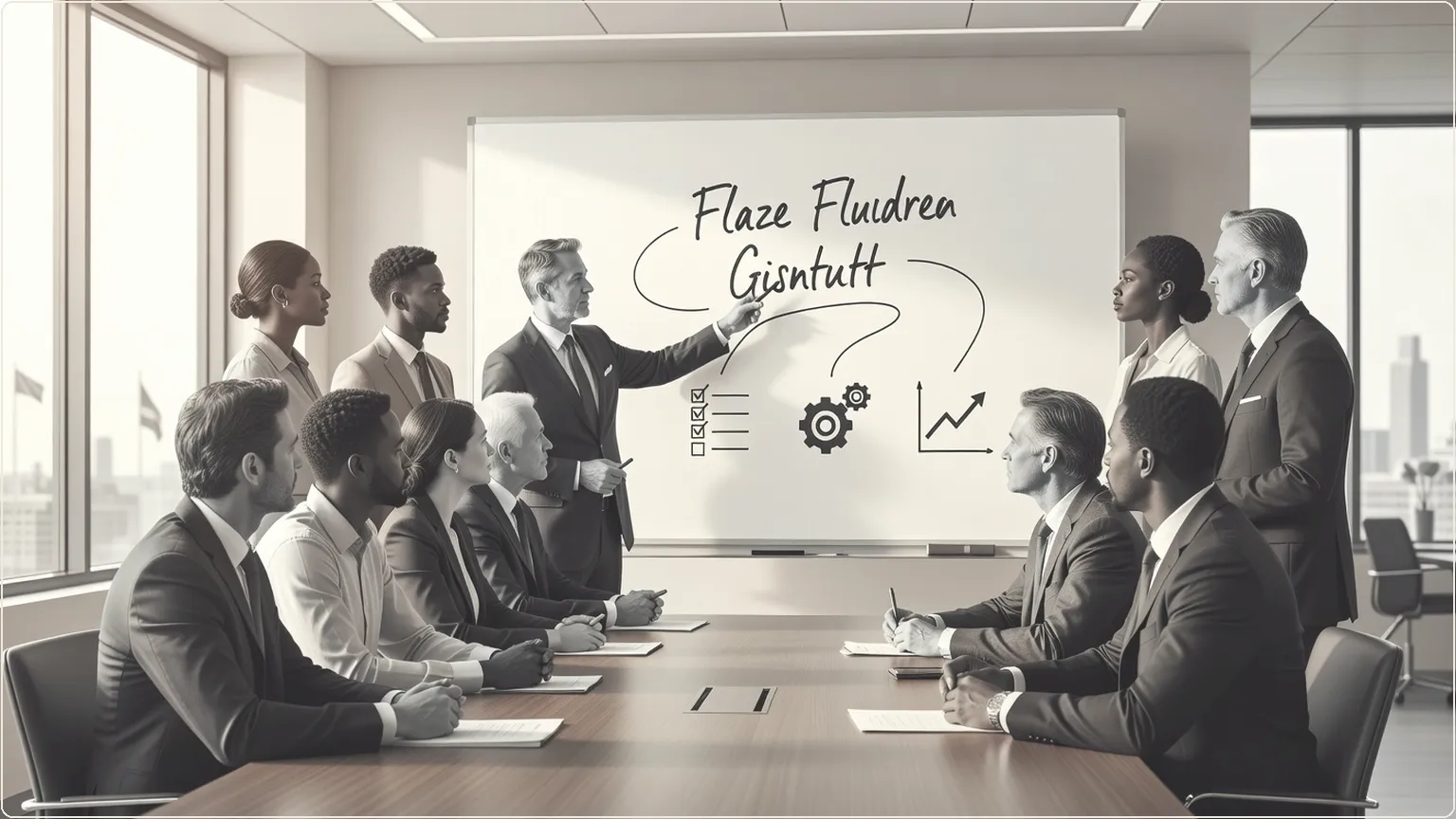 Team of colleagues collaborating dynamically in a modern meeting room