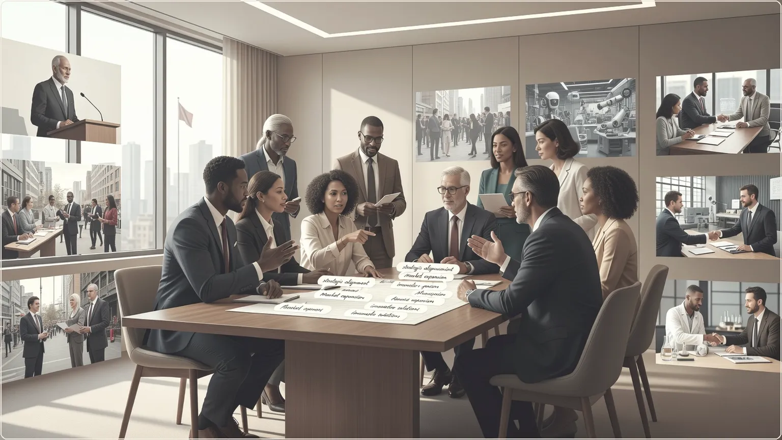 Professionals in a meeting with seamless speech-to-text transcription visualized as handwritten notes