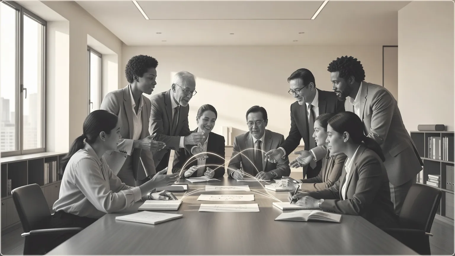 Professionals in an engaging office meeting sharing interconnected ideas