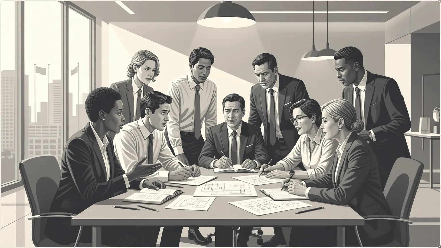 Team of colleagues engaged in lively office meeting discussion