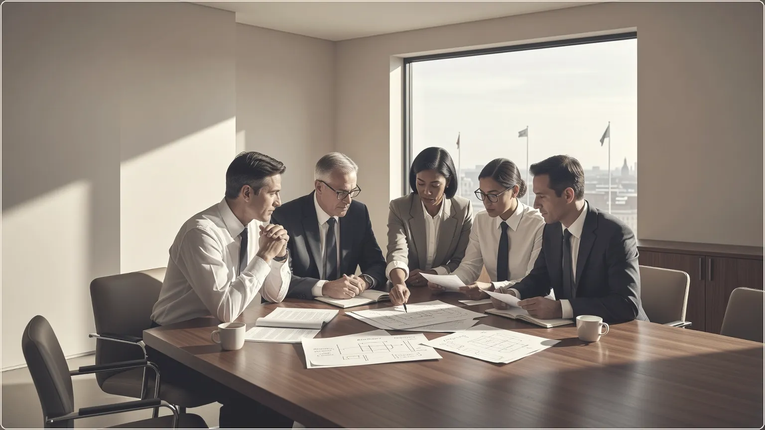 Colleagues reviewing notes together at a meeting table