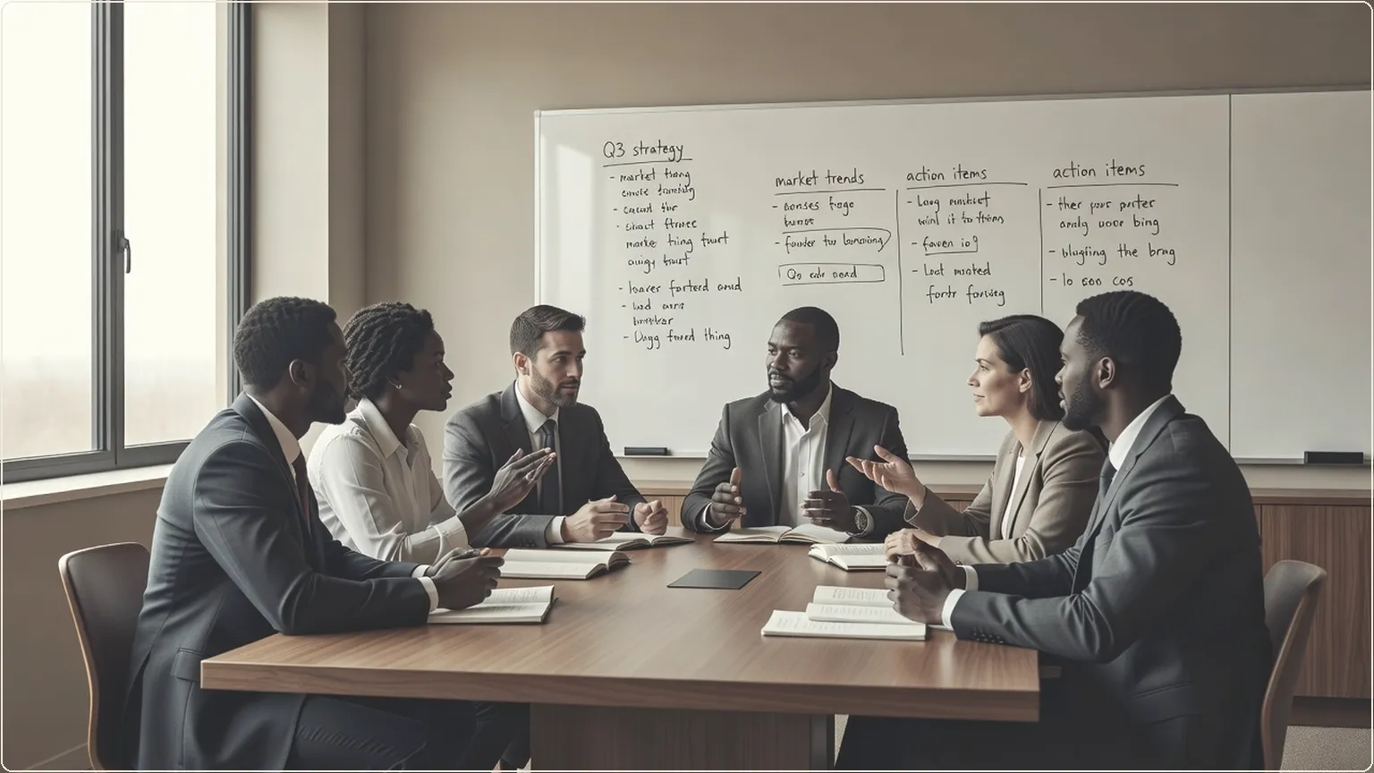 Colleagues in a meeting room discussing ideas around a table