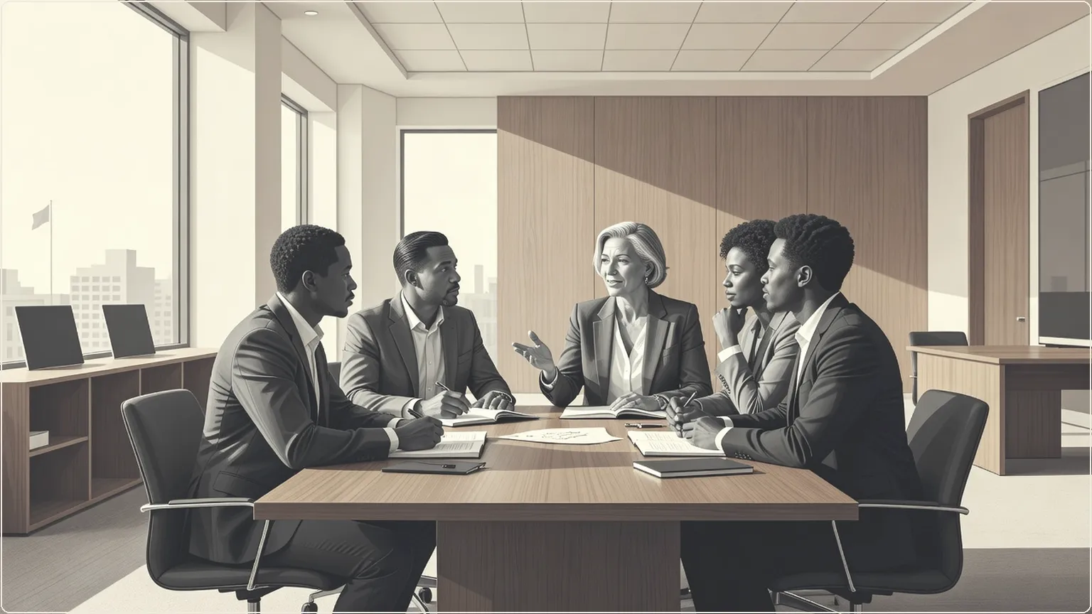Colleagues in a meeting room discussing around a table