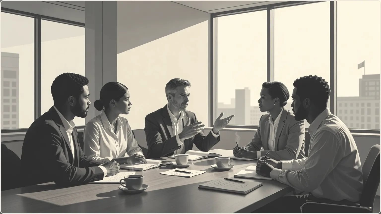 Colleagues discussing ideas around an office meeting table