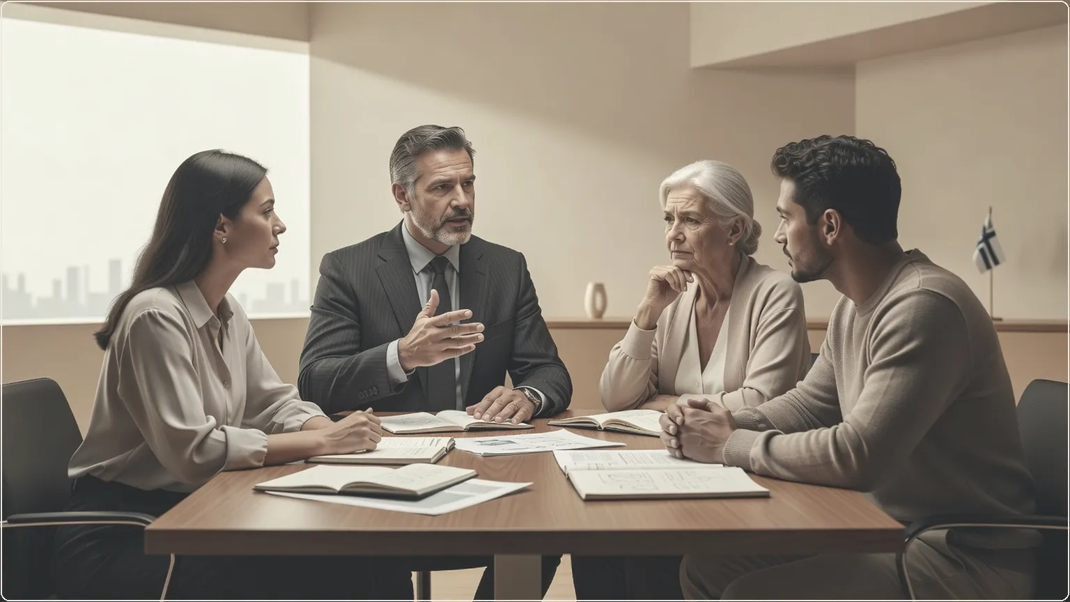 Colleagues in a meeting room reviewing notes spread across a table