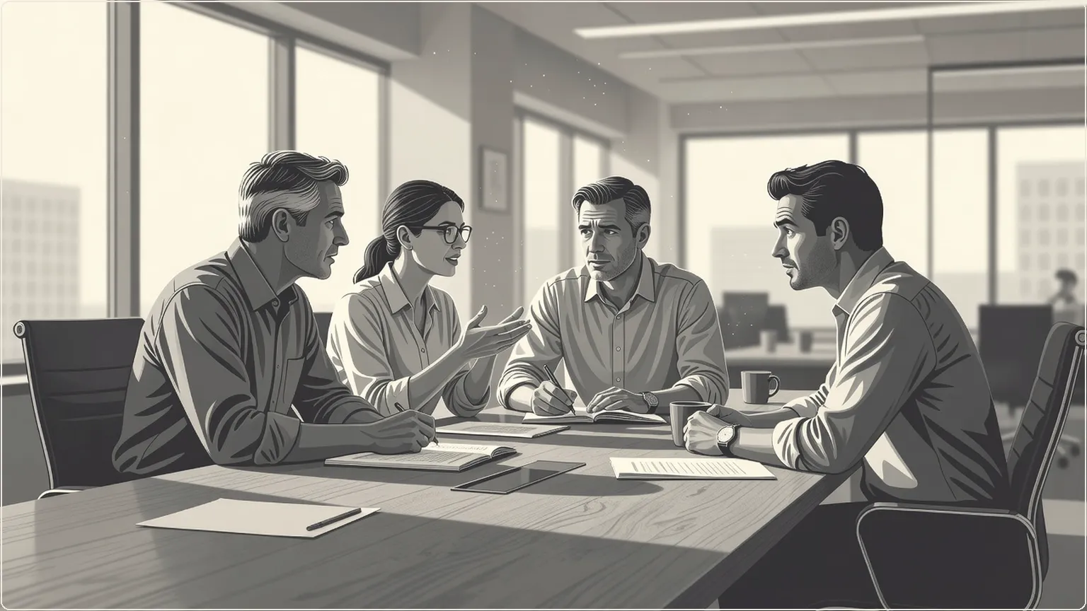 Colleagues debating around a meeting table with one person taking notes by hand