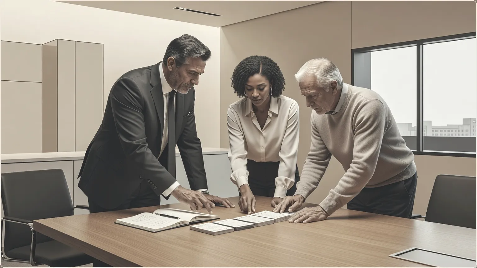 Colleagues collaborating around a table with notebooks and task cards in a bright office