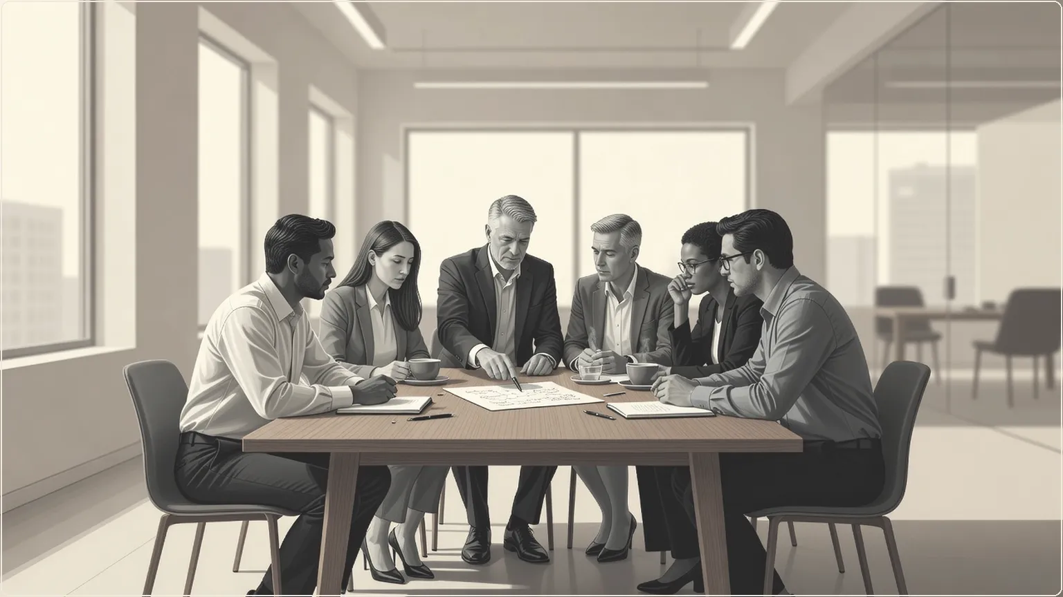 Professionals engaged in discussion around an office meeting table