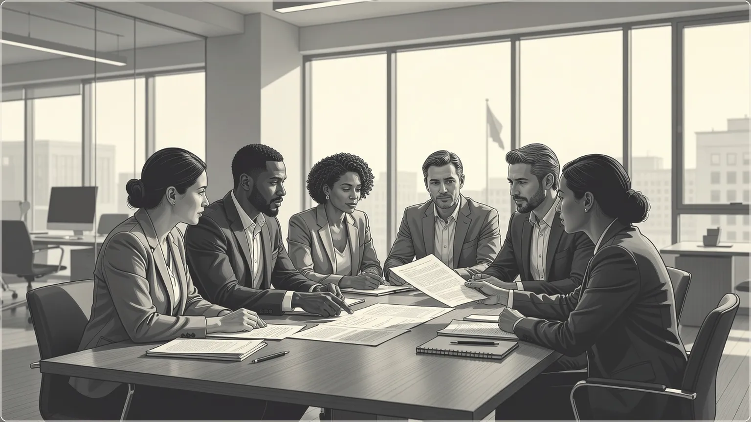 Professionals collaborating over documents at a meeting table