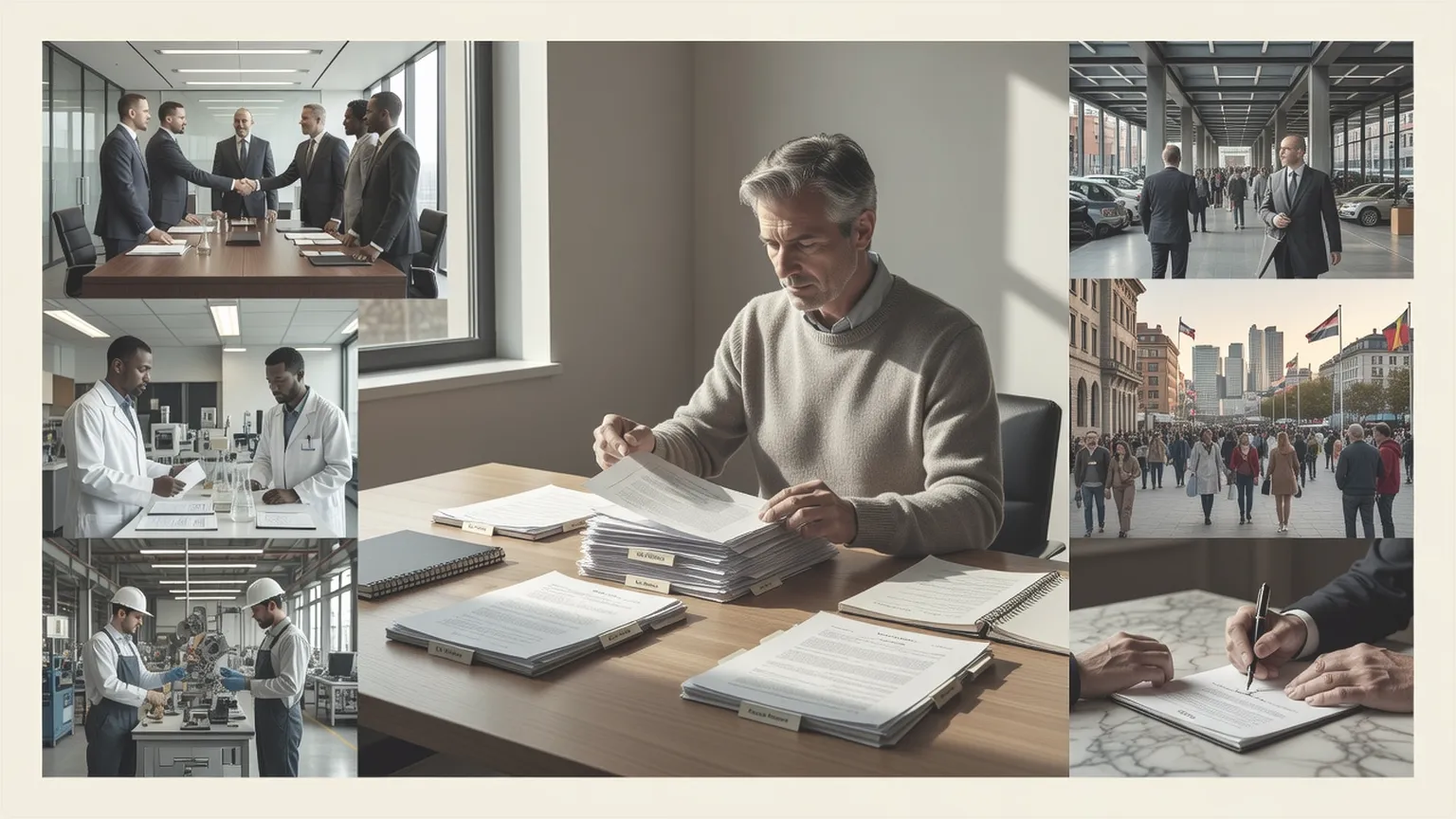 Professional sorting printed meeting transcripts into organized folders on a sunlit table