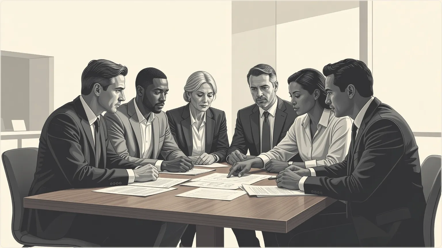 Professionals reviewing meeting notes together at a conference table