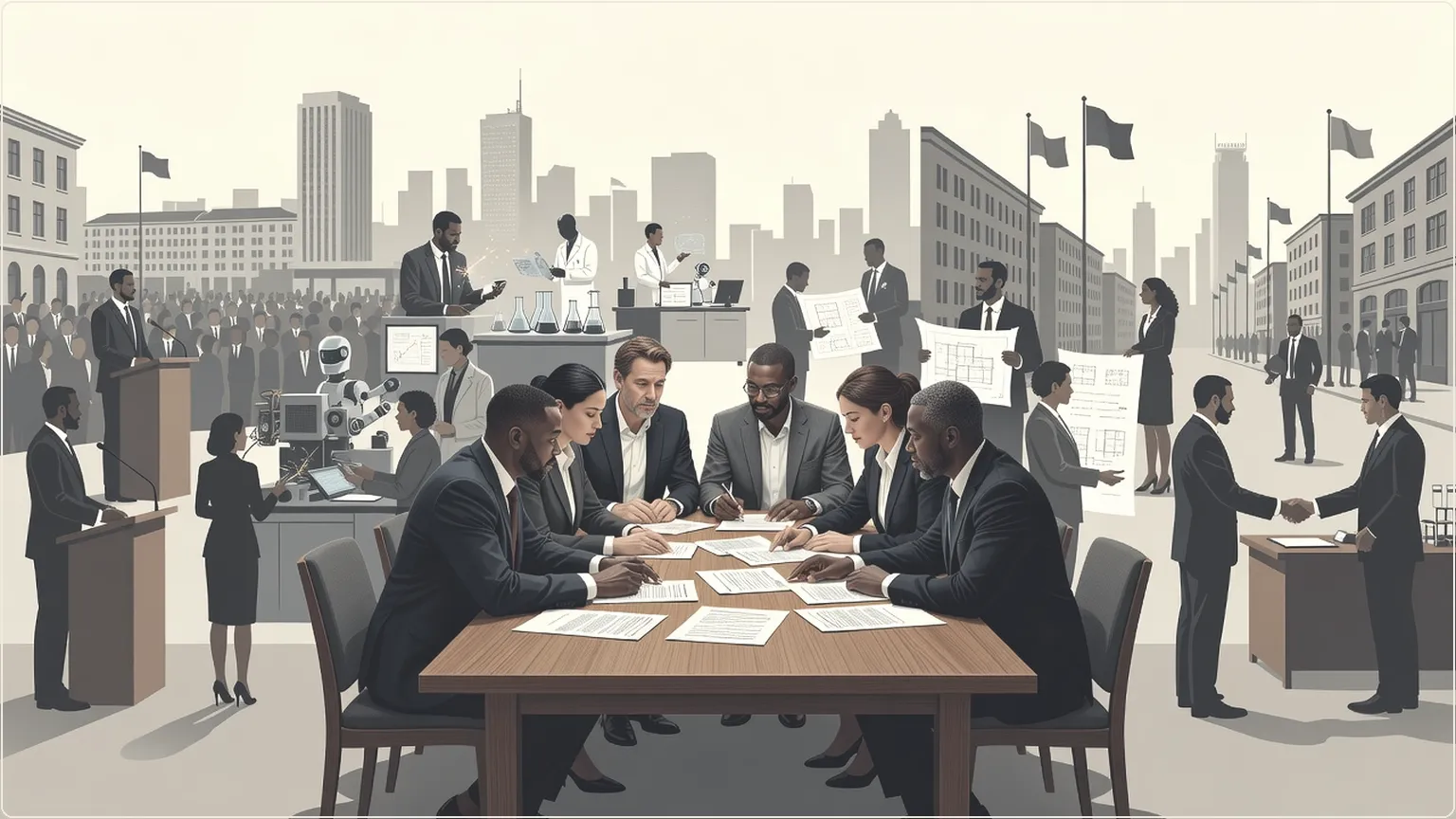 Colleagues discussing meeting notes around a conference table