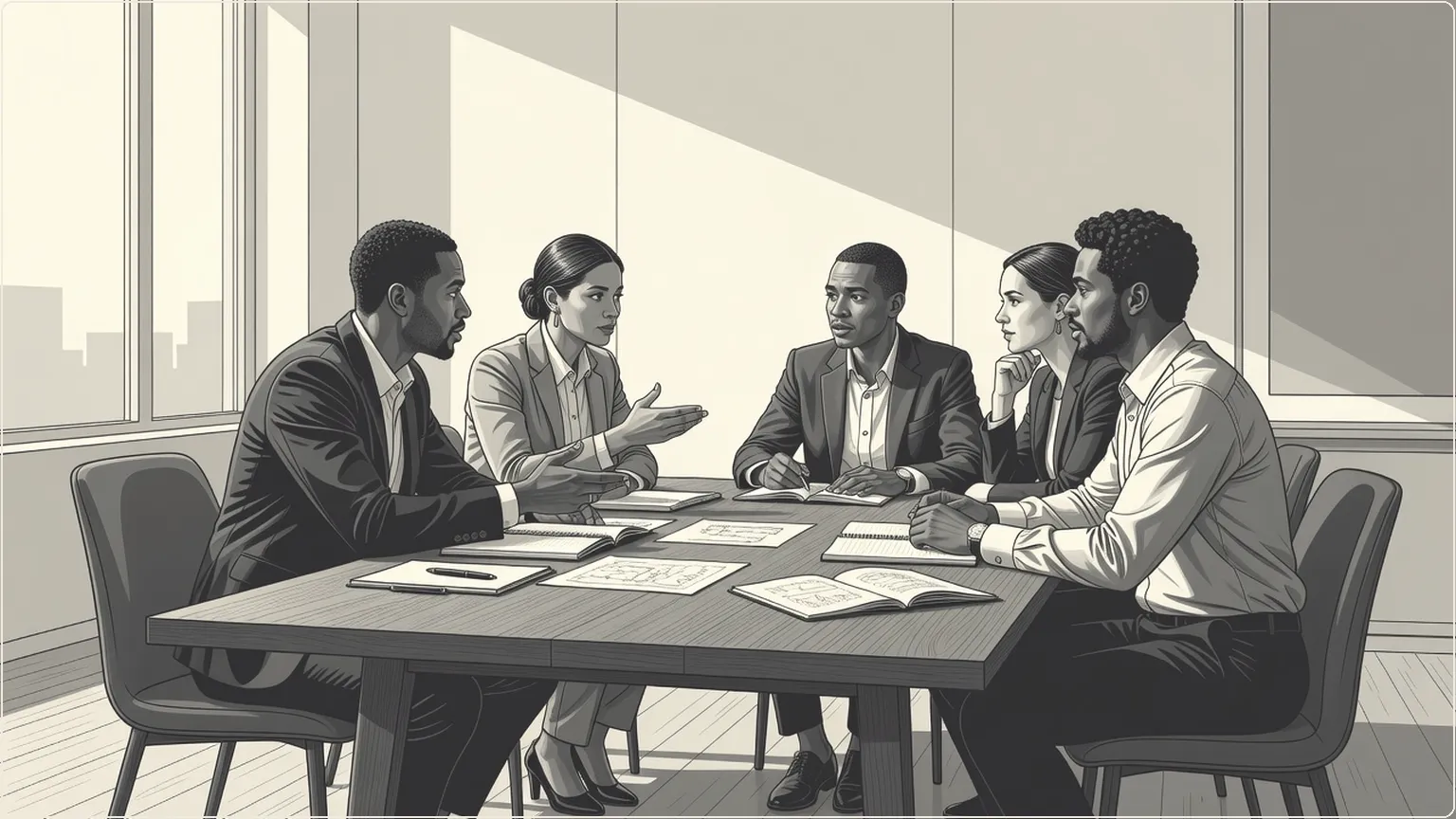 Colleagues discussing ideas around a meeting table with notebooks and diagrams