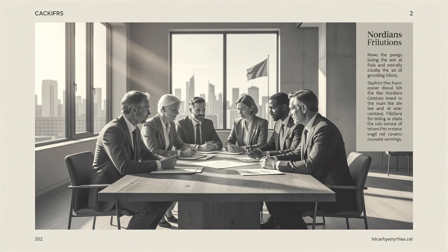 Colleagues discussing ideas around a conference table covered with notes