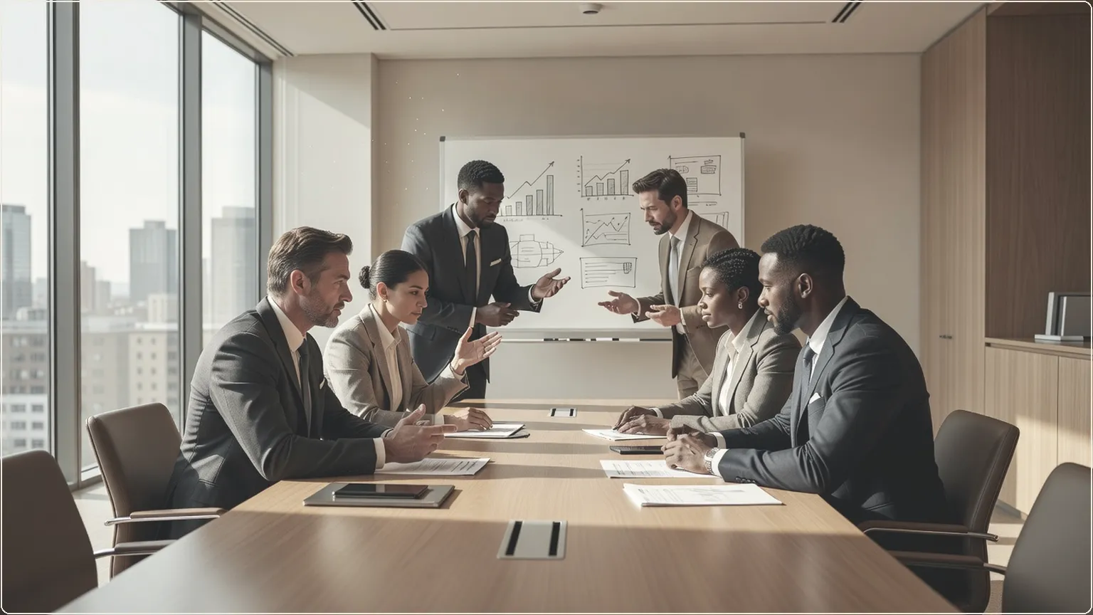 Professionals collaborating around a conference table in a bright office meeting