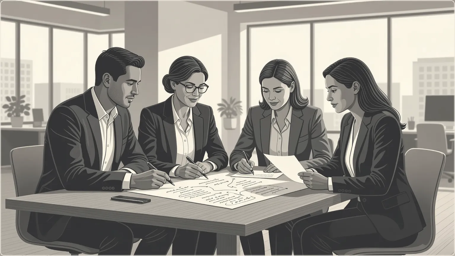 Colleagues discussing ideas over documents at a meeting table