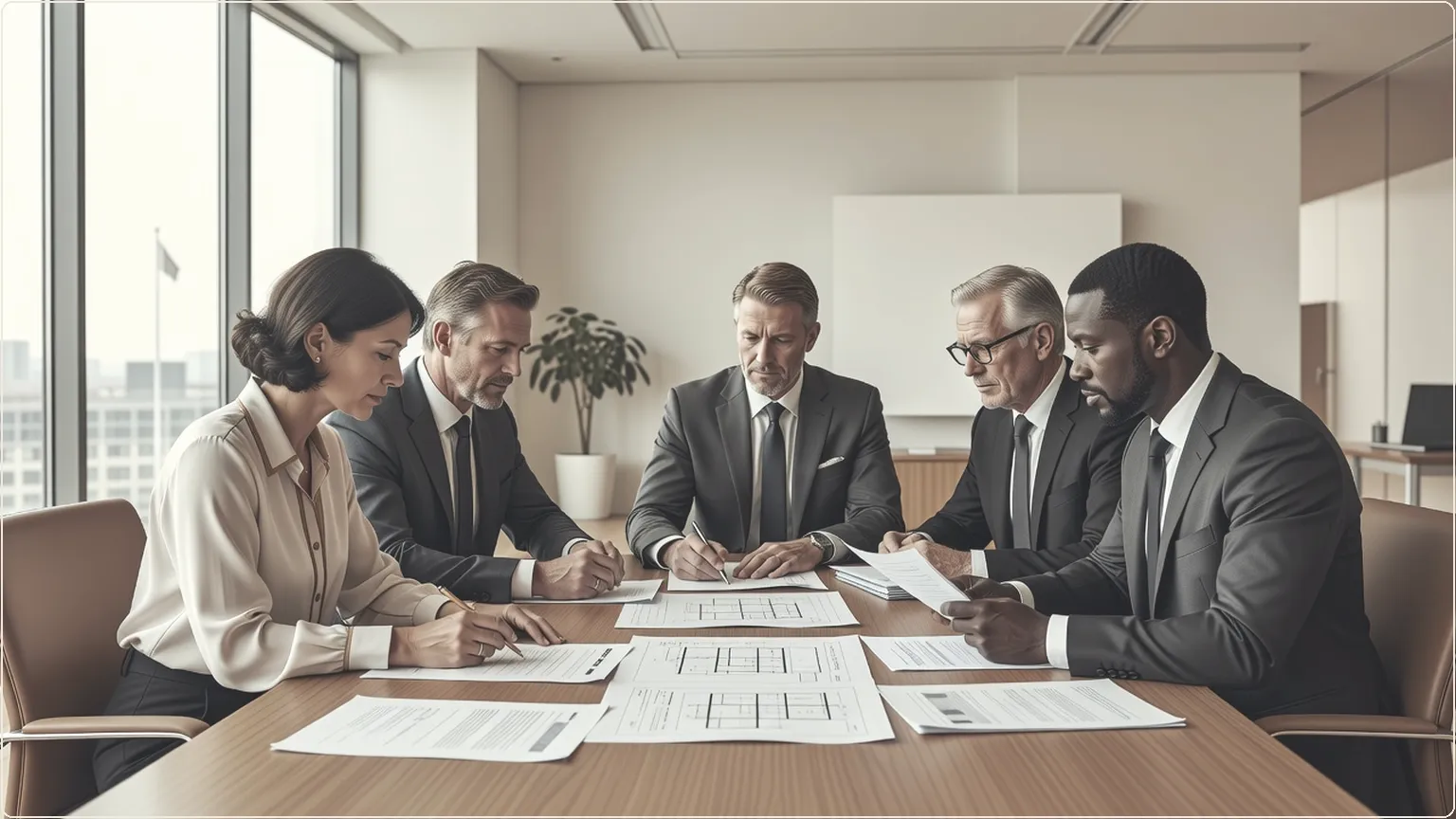 Professionals collaborating over documents at a meeting table