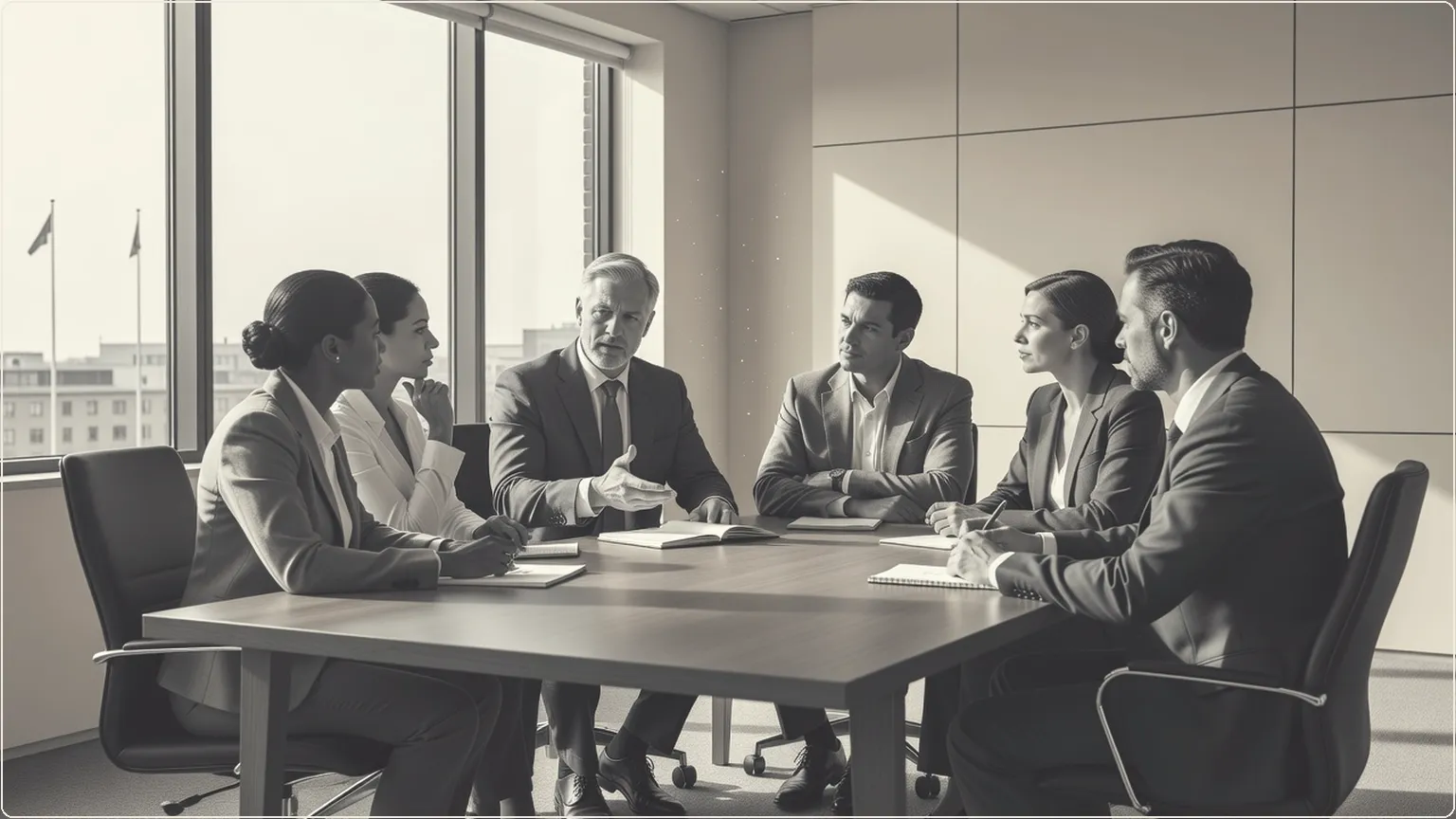 Office team discussing privacy concerns around a meeting table