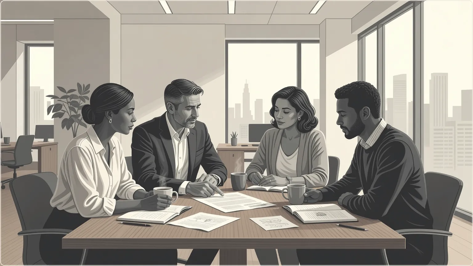 Team discussing ideas around a conference table in a sunlit office