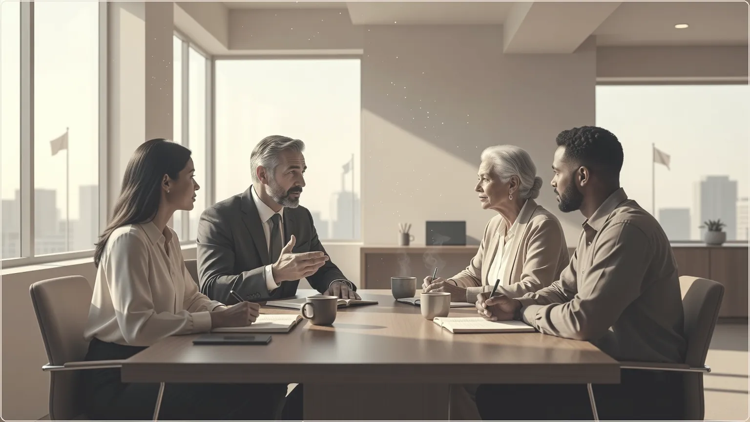 Colleagues engaged in discussion around an office conference table