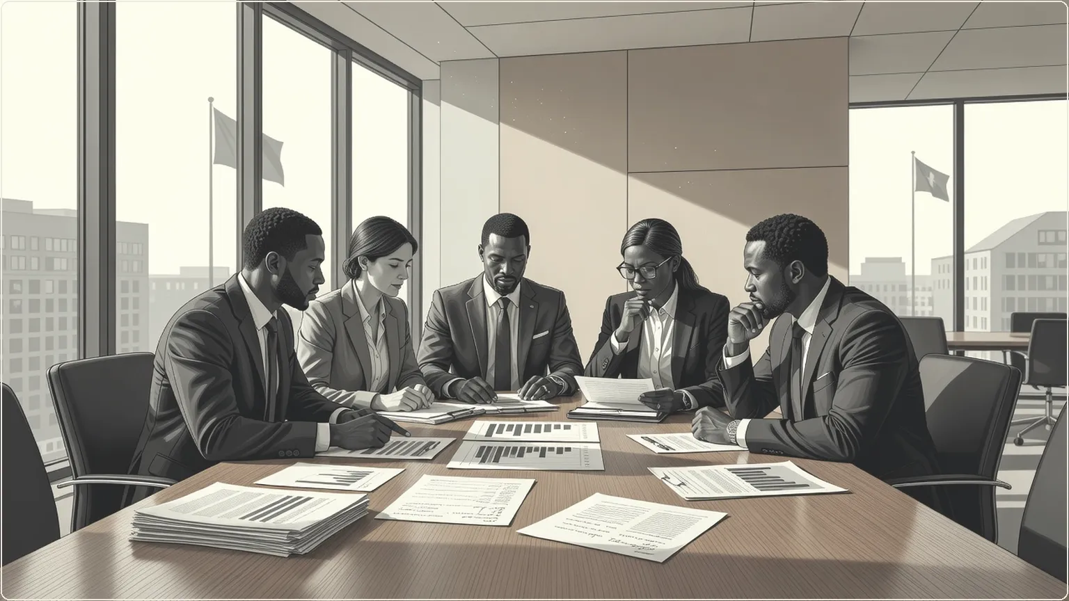 Colleagues discussing documents at a meeting table in a bright office
