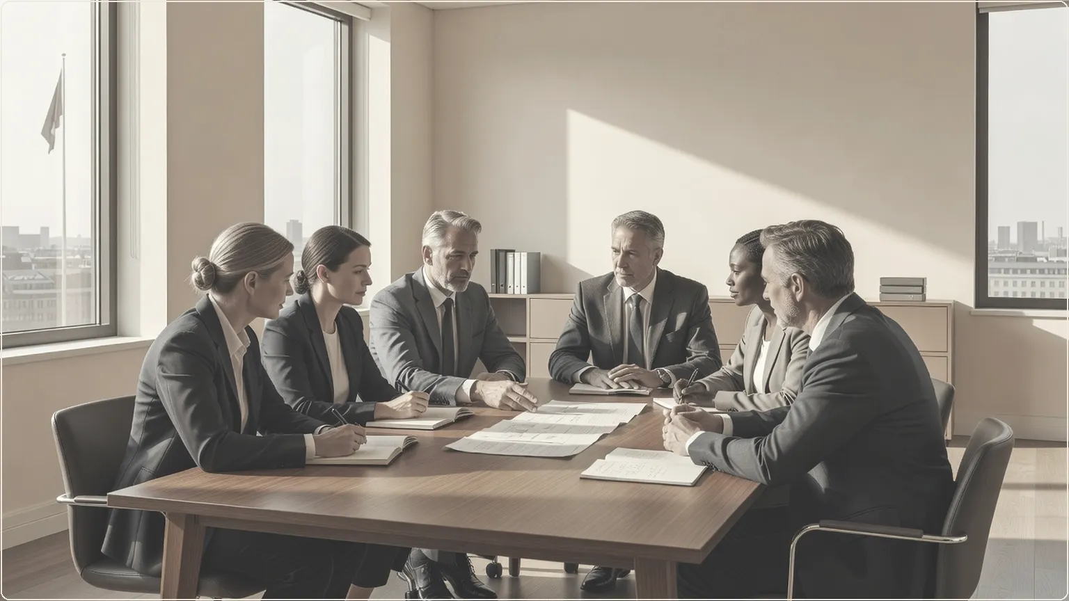 Colleagues in a meeting room discussing ideas around a table