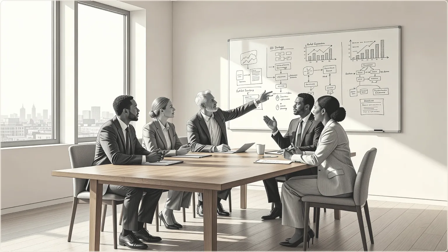 Colleagues discussing ideas around a meeting table with a whiteboard