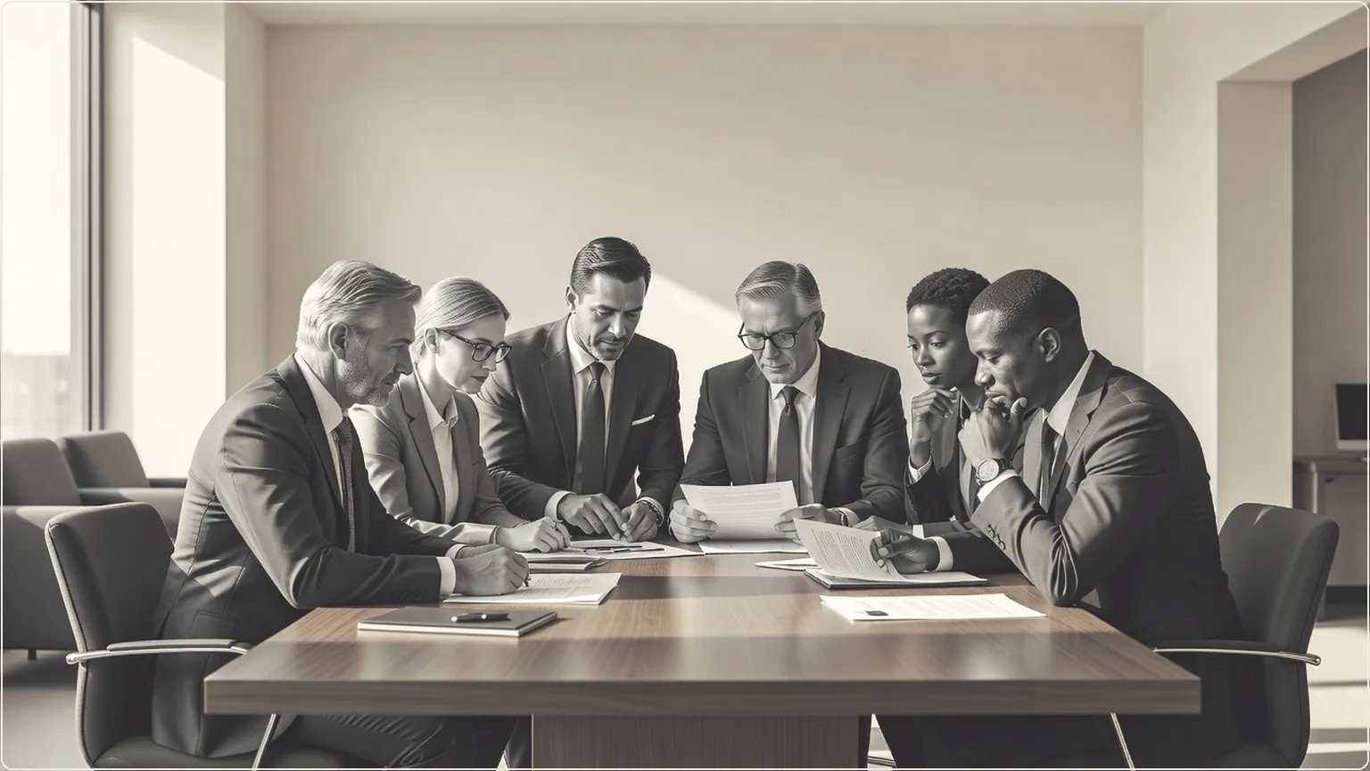 Team discussing documents around an office meeting table