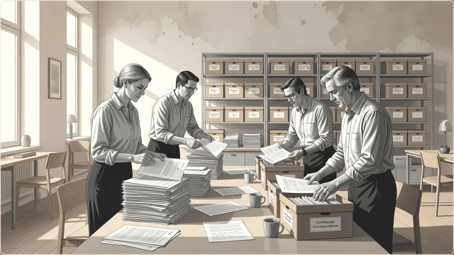 Office team organizing meeting notes into archive boxes on shelves