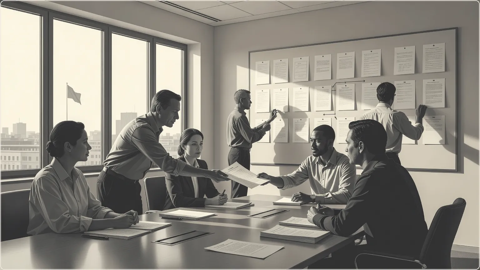 Team members arranging meeting notes on an office wall to build shared knowledge connections