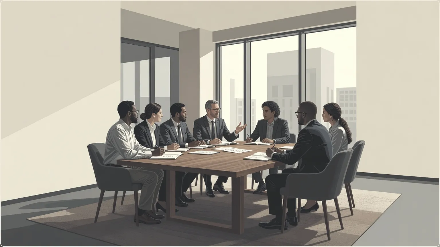 Colleagues discussing ideas around a conference table in a bright office
