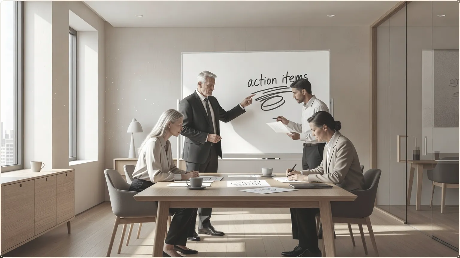 Professionals in a meeting actively planning follow-up tasks on a whiteboard