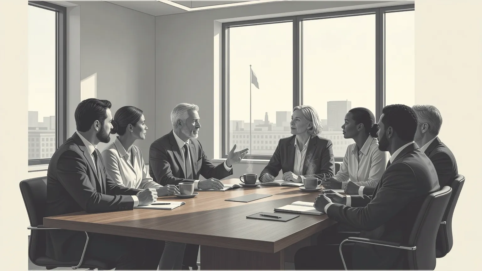 Colleagues in a meeting room discussing ideas around a table