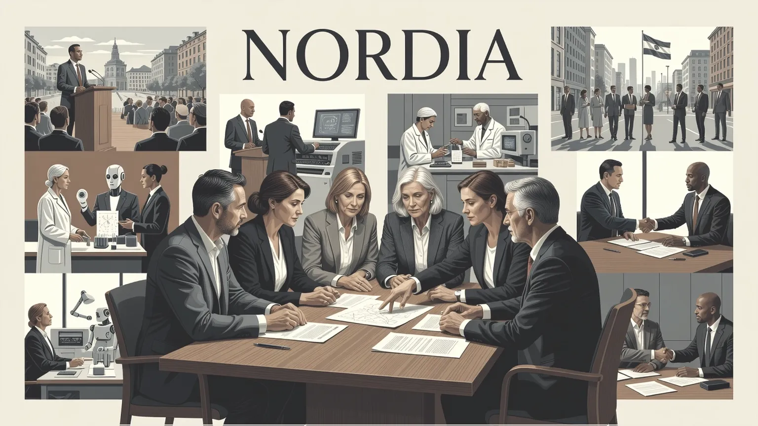 Colleagues discussing meeting notes around a conference table