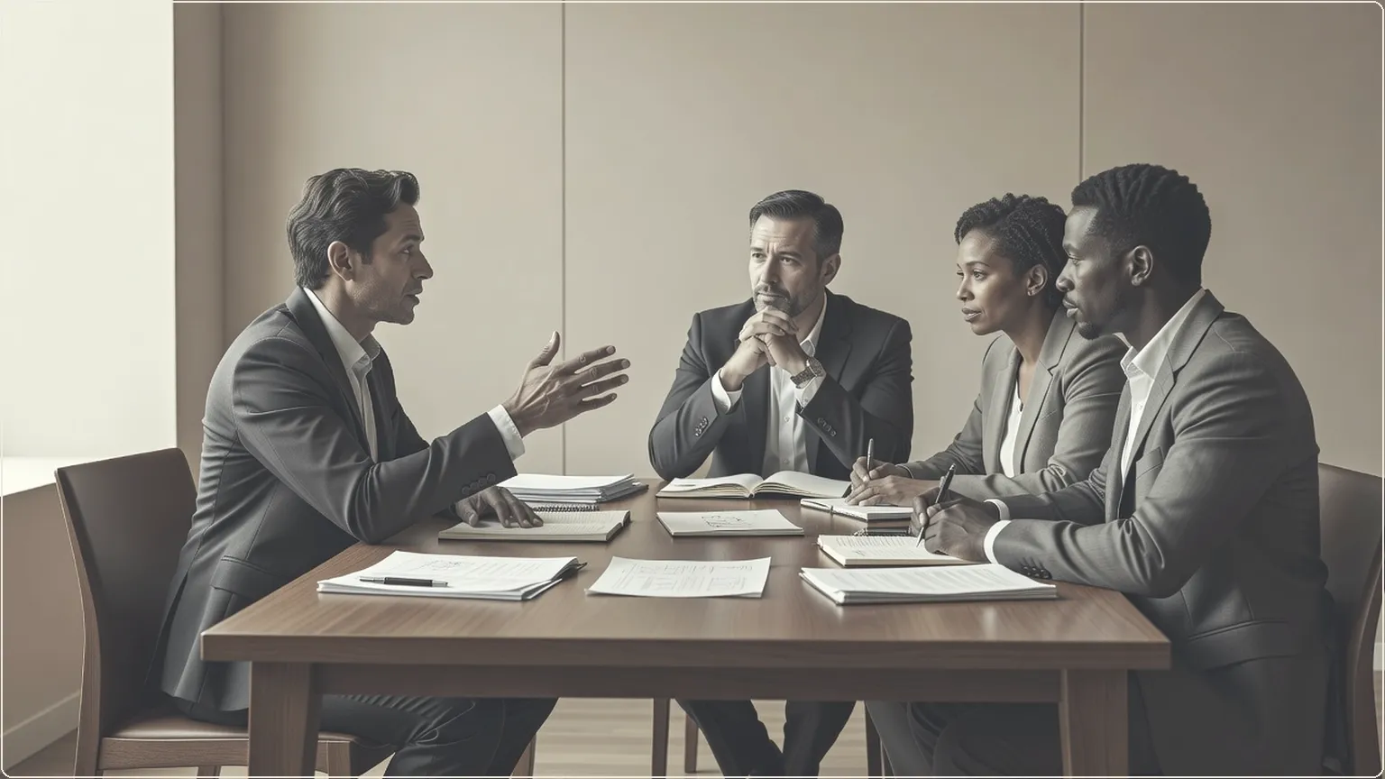 Team discussing notes and documents during an office meeting