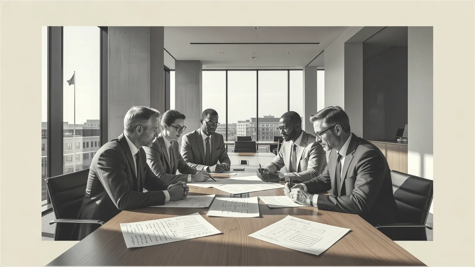 Colleagues discussing notes together at a meeting table